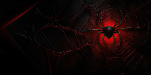 Black Creepy Background with Black Widow Spider, Dark Horror Mockup, Scary Cobweb Pattern