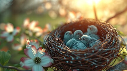 Bird Nest with Blue Eggs in Spring Blossom