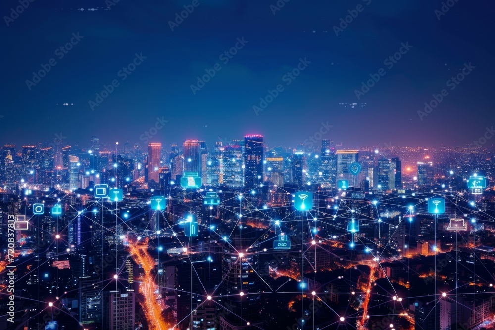 Aufkleber modern wireless connection technology in smart city. closeup dots globe with connection lines and do