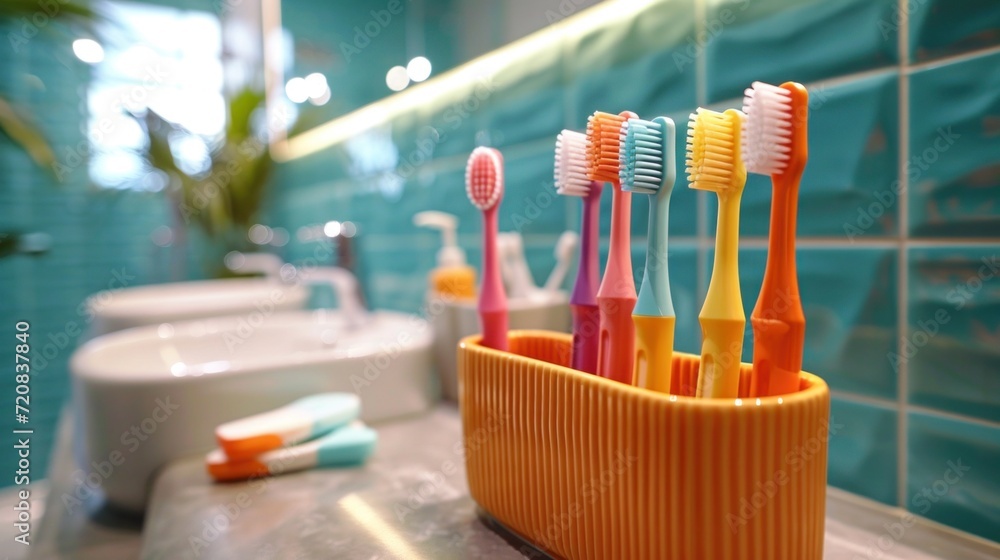 Poster a group of colorful toothbrushes in a small container on the counter, ai