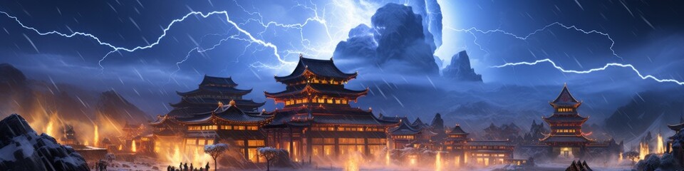Oriental Palace under Dramatic Lightning Storm