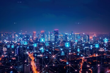 Obraz premium Modern wireless connection technology in smart city. Closeup dots globe with connection lines and dots over high building in business center city at night.