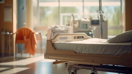 Empty hospital bed in modern hospital room