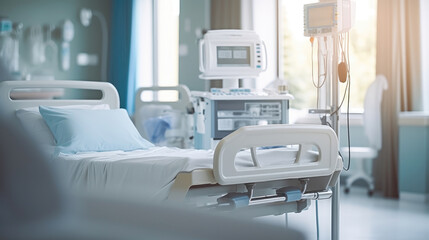 Empty hospital bed in modern hospital room