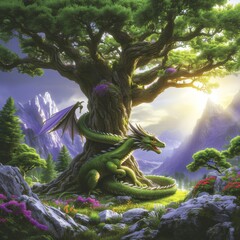 Fantasy Dragon Nestled by a Tree in Mountain Valley