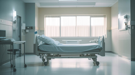 Empty hospital bed in modern hospital room