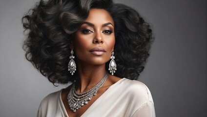A beautiful african-american stylish middle-aged woman. Neat clean shining face, makeup. Amazing styling of black hair. Expensive diamond jewelry. Earrings and necklaces with precious stones.
