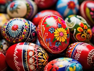 Fototapeta na wymiar pile of colorful hand-painted Easter eggs, copy space