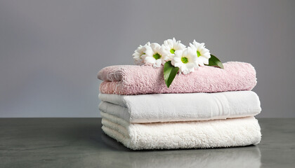 Obraz na płótnie Canvas Stack of clean towels with flowers on table against grey background