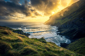 Mystic early morning dawn on seashore green cliffs, background, Celtic, Ireland