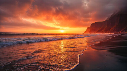 Early morning warm dawn light seascape beach ocean shore, overcast, empty, wide banner - obrazy, fototapety, plakaty