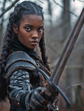 Armored Woman with Long Black Braided Hair Brandishing Sword, Medieval Fantasy Swordswoman Holding Blade