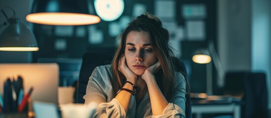 A weary female worker in an office, searching for motivation to tackle dull tasks.