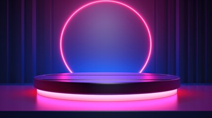 Podium illuminated with neon light. illustration. Abstract background. Generative AI