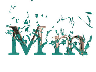 Shiny gold font letter M revealed after the tear of tiffany blue fabric. 3d render. Transparent background.