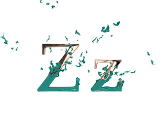 Shiny gold font letter Z revealed after the tear of tiffany blue fabric. 3d render. Transparent background.
