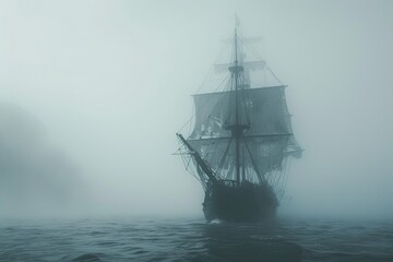 A haunted pirate ship sailing on a mysterious and foggy sea Ghostly ship