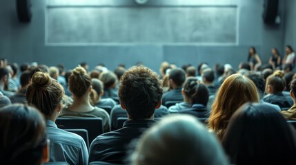 Obraz premium A diverse group of individuals, dressed in various clothing styles, sit in an indoor auditorium as they eagerly listen to a man and woman speak, their faces filled with anticipation and excitement, c
