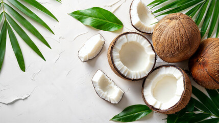 Obraz na płótnie Canvas Fresh coconut with leaves isolated on white background, coconut on white background with clipping path, organic concept