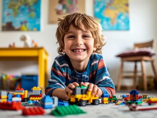 A young boy's face lights up with a smile as he happily plays indoors, creating a colorful world of imagination with his legos against the backdrop of a plain wall - obrazy, fototapety, plakaty