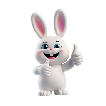 White Rabbit in 3D Render Illustration, Cartoon Easter Bunny Giving Thumbs Up, Isolated on Transparent Background, PNG