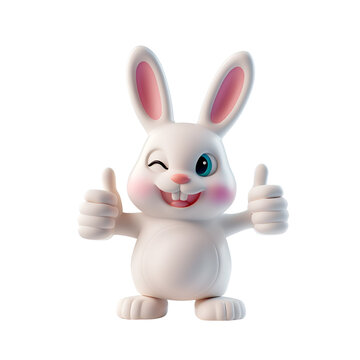 White Rabbit’s Thumbs Up, Cartoon Easter Bunny in 3D Render Illustration, Isolated on Transparent Background, PNG