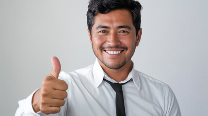 Latino adult man gives a thumbs up, sales concept, sales consultant, automotive, real estate, working, tie, dress shirt - obrazy, fototapety, plakaty