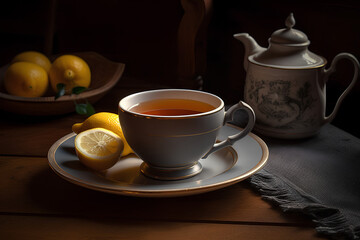 Fototapeta na wymiar A cup of black tea with lemon, beverage photo.