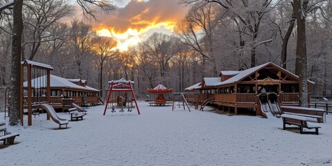 Snowy Park Playground at Sunset: Winter Scenery in Urban Environment