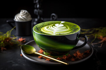Matcha latte with foam art, beverage photo