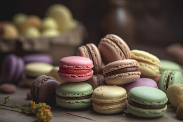 French vintage pastel colored Macarons assortment, dessert photo.