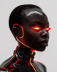 Futuristic female model with glowing neon red eyes