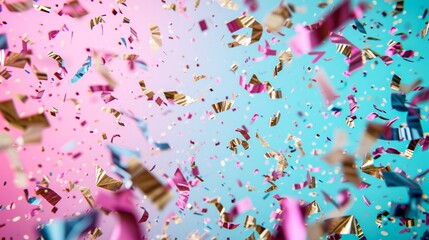 An explosion of vibrant color and whimsical energy as confetti dances in the air, splashing shades of pink and aqua against an abstract backdrop