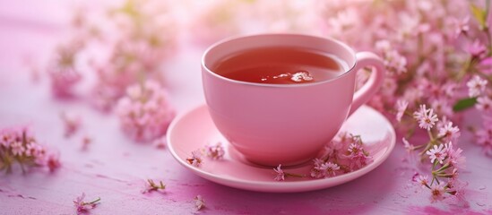 Obraz na płótnie Canvas Pink cup holds fragrant herbal tea.