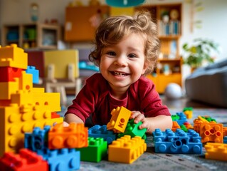 A curious toddler builds a tower of imagination and wonder with colorful toy blocks indoors, their innocent face beaming with joy and excitement