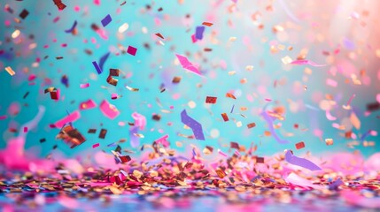 A vibrant burst of joy as pink and aqua confetti falls through the air, creating a playful display of water-like colors and bubbly energy