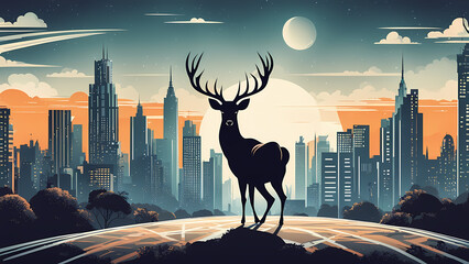 Abstract background of deer with city town background. Fantasy landscape graphic illustration. Template for your design works ready to use.