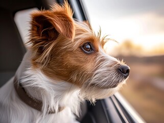 A curious terrier peers out of a window, eagerly taking in the sights and sounds of the bustling outdoor world