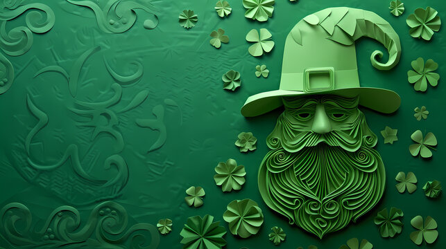 Leprechaun on a green background, St Patricks Day, Shamrocks, clover, 