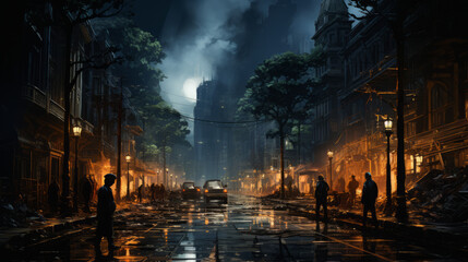 Spectacular Sky: Captivating Night Light and Enchanting Landscape with Aurora Borealis, Water Storms, and City Glow, generative AI