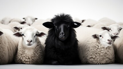 Sheep and lambs in a row on a white background. Generative AI