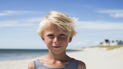 Fototapeta na wymiar Portrait of a beautiful blond boy on the beach with blue sky background Generative AI