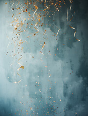 Holiday abstract with confetti, golden glitter, and party streamers on soft blue pastel background. Minimalist festive texture. Celebration, birthday, party theme. Copy space.