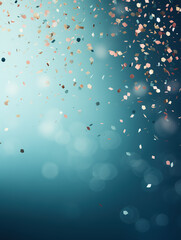 Colorful confetti on soft, dreamy, blue background with bokeh effect. Confetti falling from the sky. Minimalist festive texture. Simple, modern holiday abstract. Copy space.