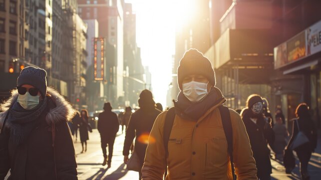  people walking along the NY city all wear masks