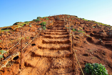 Dirt stairs on the trail to the Ponta de São Lourenço (tip of St Lawrence) at the easternmost...