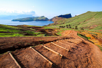Log stairs on the trail to the Ponta de São Lourenço (tip of St Lawrence) at the easternmost point of Madeira island (Portugal) in the Atlantic Ocean