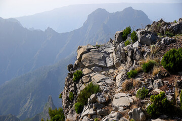 Mountainous landscape near the Pico Ruivo, the highest mountain peak on Madeira island, Portugal -...