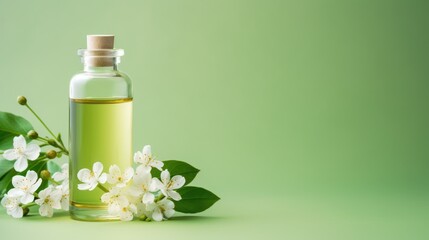 Obraz na płótnie Canvas Jasmine essential oil in a small bottle on a green background Generative AI