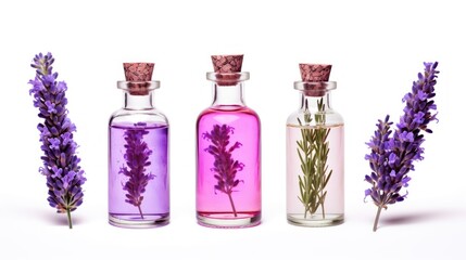 Obraz na płótnie Canvas Lavender essential oil in glass bottles with lavender flowers isolated on white background Generative AI